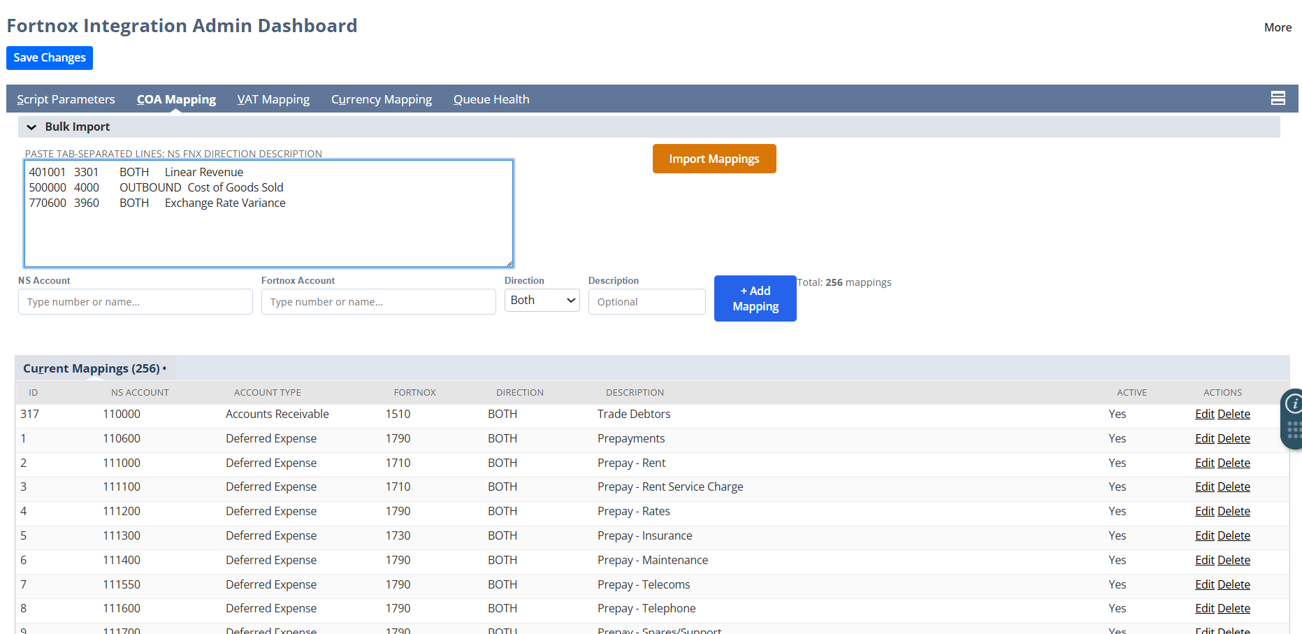 COA Mapping tab listing 256 explicit NetSuite-to-Fortnox general-ledger account mappings with a bulk import box.
