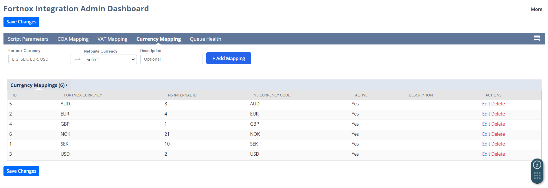 Currency Mapping tab listing SEK, EUR, GBP, USD, NOK and AUD mapped to their NetSuite internal IDs and currency codes.