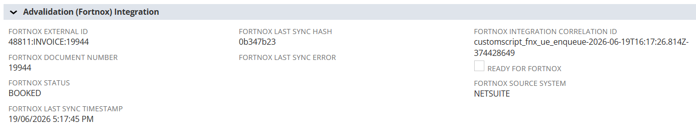 Fortnox integration panel on a NetSuite transaction stamping external ID, document number, status, last sync timestamp, last-sync hash, correlation ID and source system.
